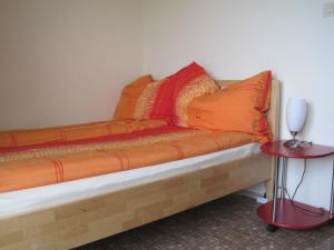 ein Sofa mit orangefarbenen Kissen im Zimmer in der Unterkunft Ferienwohnungen Tillian in Hermagor