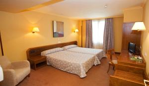 Hotel Gernika - Adults Only في غيرنيكا إي لونو: غرفة نوم بسرير ومكتب وتلفزيون