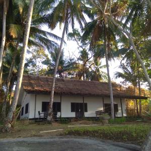 a white building with palm trees in front of it at Kuda Laut Resort in Cisolok