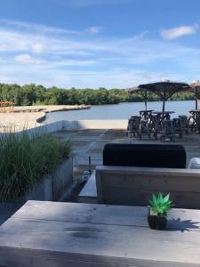 a patio with tables and umbrellas next to a lake at Iloons yurt in Hollandscheveld