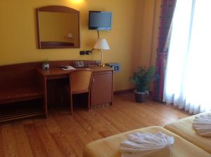 Habitación de hotel con escritorio y cama en Hotel Villa Ca' Nova ***S, en Garda