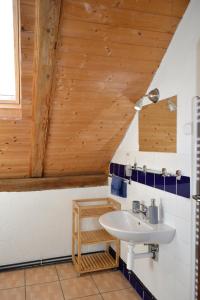 a bathroom with a sink and a wooden ceiling at Blažkův Statek in Malšice
