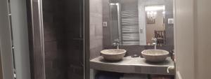 a bathroom with two sinks and a shower at Le Cottage Lavastrie in Lavastrie