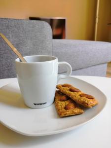 アメリー・レ・バン・パラルダにあるAppartement Thermes Amélie-Les-Bainsの白皿のコーヒー&クッキー