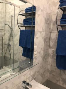 a bathroom with a shower and a sink and blue towels at Apartment "Flowers" in Rīga