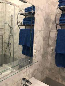 een badkamer met een douche, een wastafel en blauwe handdoeken bij Apartment "Flowers" in Rīga