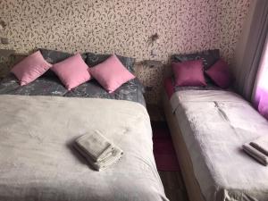 2 bedden in een kamer met roze en paarse kussens bij Apartment "Flowers" in Rīga