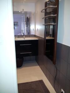 a bathroom with a sink and a mirror at Couleurs et jardin in Saint-Augustin