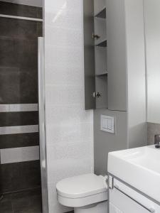 La salle de bains est pourvue de toilettes, d'un lavabo et d'une douche. dans l'établissement Apartament Skoczyńskiego 11a, à Stalowa Wola