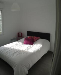 a bedroom with a white bed with a red pillow at Les Portes de la baie in Grand-Laviers