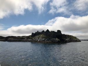 a small island in the water under a cloudy sky at St. Ellens in Inishbofin