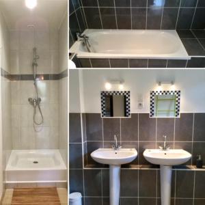 two pictures of a bathroom with two sinks and a tub at Le Big Family - LE MONT DE LA LOUVE in Bazinghen