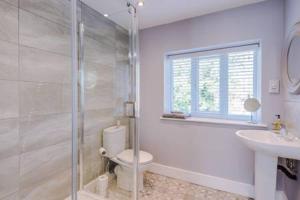 a bathroom with a shower and a toilet and a sink at Lymm Boutique Rooms in Lymm +10 photos