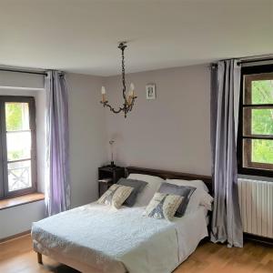 Schlafzimmer mit einem Bett und einem Kronleuchter in der Unterkunft L'Aumônerie in Liesle