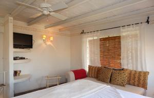 1 dormitorio con 1 cama y ventilador de techo en Suites Santo Domingo, en San Miguel de Allende