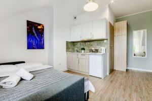 sypialnia z dużym łóżkiem i kuchnią w obiekcie Apartamenty Novomiejska 17 w mieście Lublin