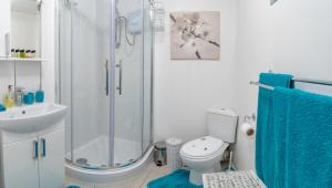 ein Bad mit einer Dusche, einem WC und einem Waschbecken in der Unterkunft The Chelsea Apartment in London