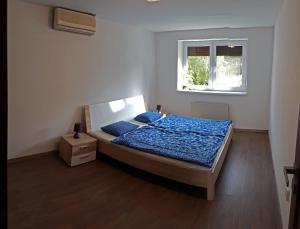 a bedroom with a bed with blue sheets and a window at TopSenec-Lakeside Home in Senec