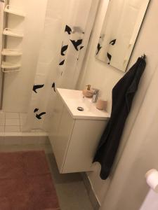 a bathroom with a sink and a shower with bats on the wall at Hel lejlighed Thisted Midtby in Thisted