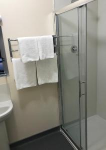 a bathroom with a glass shower stall with towels at The Rooms at The Spout in Kilcullen