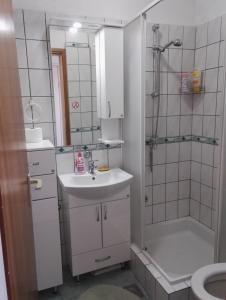 bagno con lavandino, doccia e servizi igienici di Prenociste Orhideja a Odžak