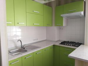 eine Küche mit grünen Schränken und einem Waschbecken in der Unterkunft Geo Apartament in Iaşi + 2 Fotos