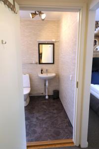 a bathroom with a sink and a toilet and a bed at Kosta Lodge in Kosta