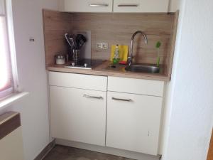 a small kitchen with a sink and a counter at Bungalow Beachhouse in Boltenhagen