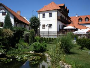 ein Haus und ein Teich vor einem Gebäude in der Unterkunft Dalmo in Sedlec