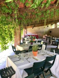 a dining room with tables and chairs and plants at Il Fojot in La Cassa