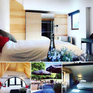 uma colagem de fotografias de um quarto de hotel com uma cama em Gîtes du Golf em Sart-Dames-Avelines