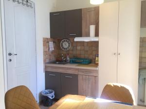 a kitchen with a table and chairs and a sink at Crown Street Garden Studio in Belgrade +3 photos