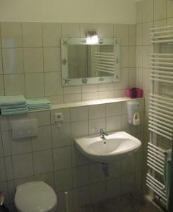 a bathroom with a sink and a toilet and a mirror at Villa Utpatel in Ahlbeck