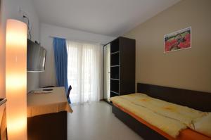 a bedroom with a bed and a desk and a window at Albergo Elvezia in Rivera