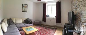 un salon avec un canapé et une télévision dans l'établissement Alpine Blue Apartments, à Griesen