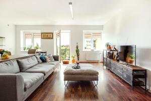 a living room with a couch and a flat screen tv at #inVilnius - Spacious & Bright 1BDR Apartment Shopping District in Vilnius