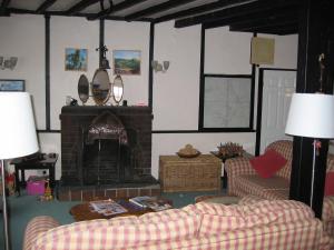 a living room with a couch and a fireplace at The Horseshoe Guesthouse in Rhayader