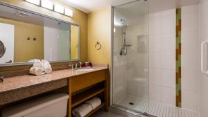 a bathroom with a shower, sink, and toilet at Best Western Premier Toronto Airport Carlingview Hotel in Toronto