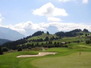 um campo de golfe nas montanhas com um campo verde em Résidence RoyAlp - Appartement 22A em Villars-sur-Ollon