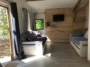 a living room with a couch and a tv at Chalet proche Orleans centre in Saint-Jean-le-Blanc