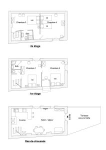 a floor plan of a bedroom and a bathroom at Gîte LA BOUSCARLE in Moissac-Bellevue