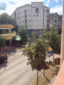 vistas a una calle de una ciudad con edificios en Apartman Andrea, BN centar, en Bijeljina