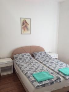 1 dormitorio con 1 cama con toallas verdes en Apartman Andrea, BN centar, en Bijeljina