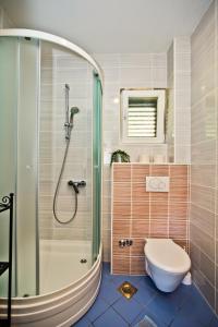 a bathroom with a shower and a toilet at Luxurious Apartments Maslina with Beach in Milna