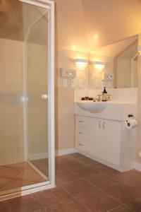 a bathroom with a sink and a shower at Bush Inn Court Motel in Christchurch