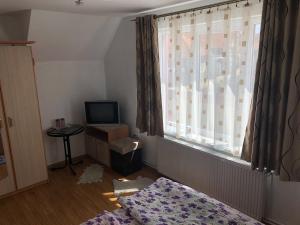 a bedroom with a window and a bed and a television at Casa Sterp in Jina