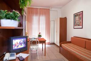 a living room with a couch and a tv in a room at Residence Auriga in Rimini
