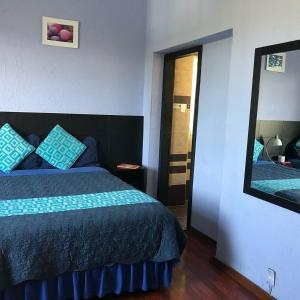 a bedroom with a bed and a mirror at Hostal Alua Rio in Quito