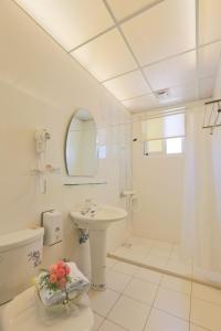 台東市的住宿－臺東假期民宿，白色的浴室设有水槽和卫生间。