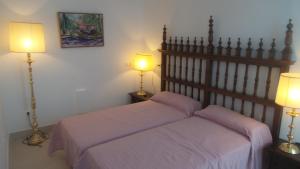 マイレナ・デル・アルコールにあるNew Andalusian House 33 Free Private Parkingのベッドルーム1室(ベッド2台付)、壁にランプ2つ